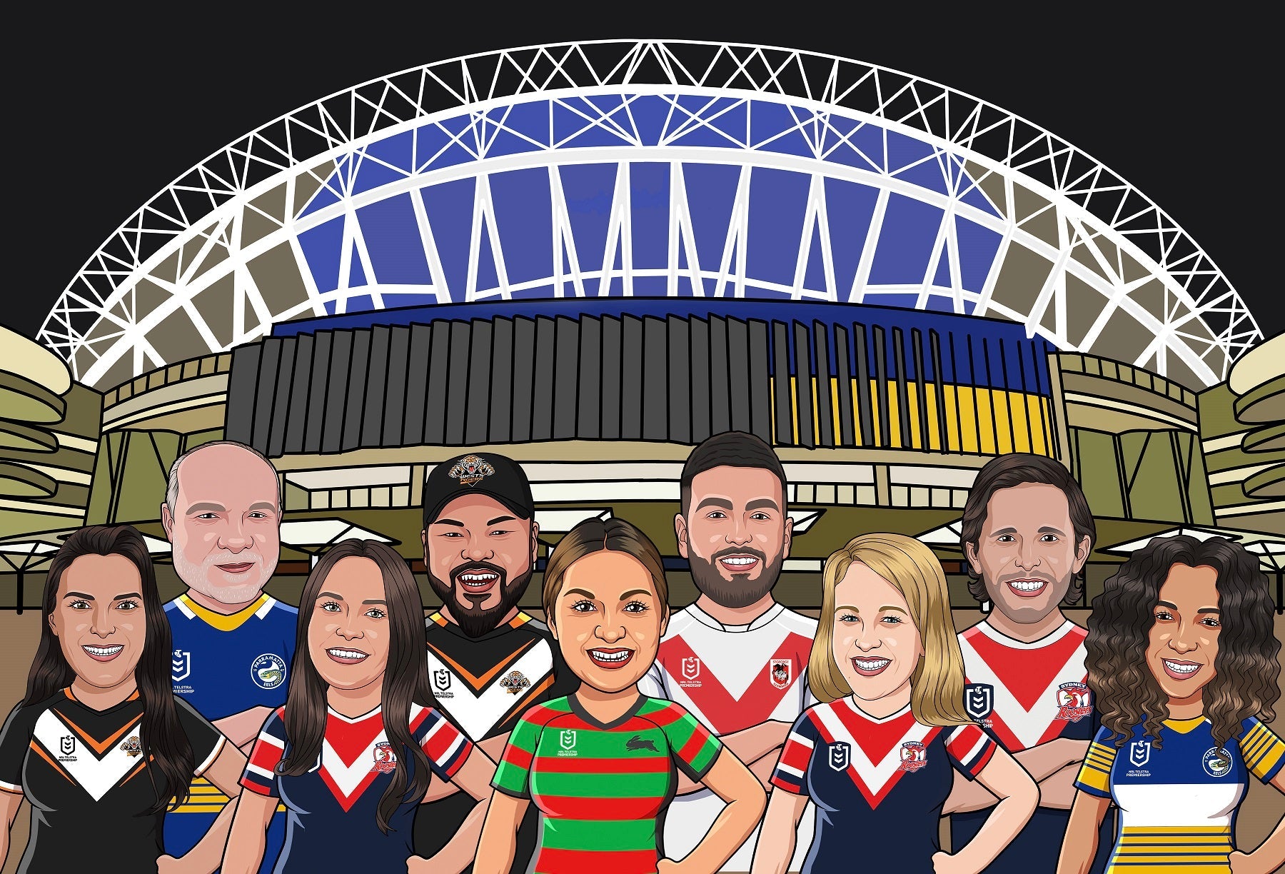 NRL cartoon in front of Accor Stadium