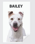 White staffy dog smiling with name above its head