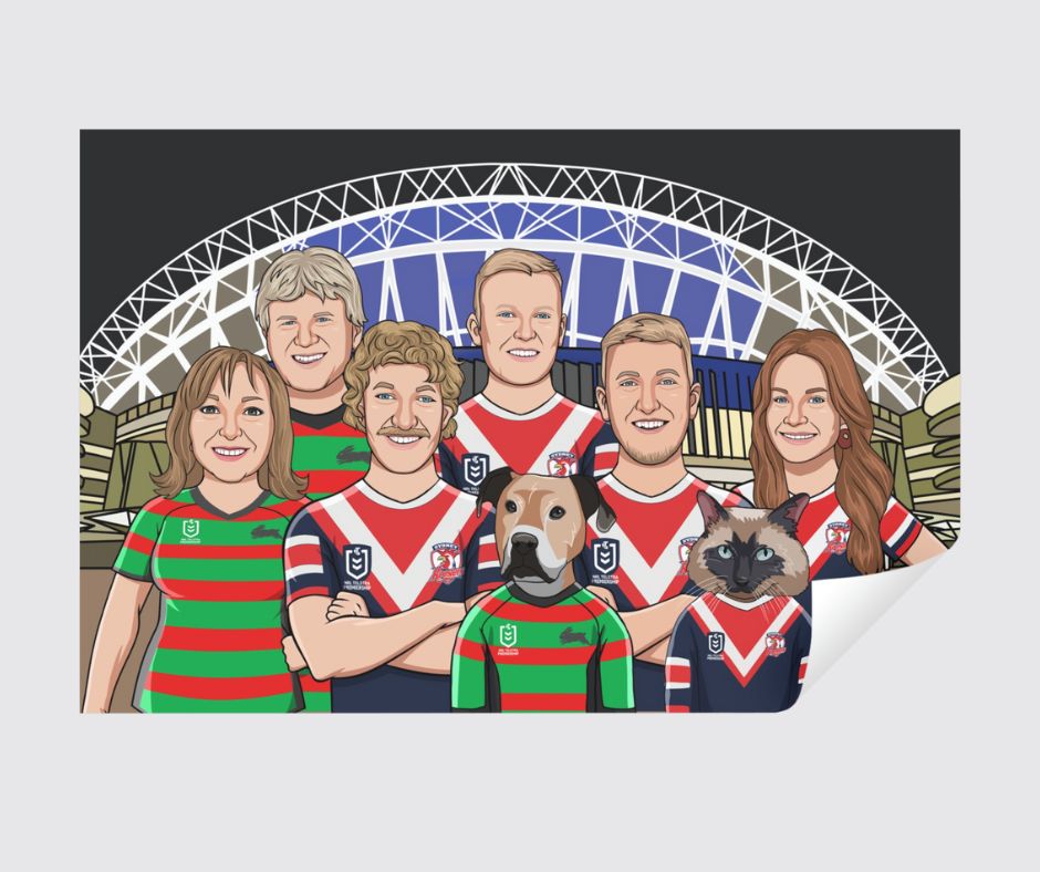 Family of NRL supporters in rabbitohs and roosters jersey with family dog at accor