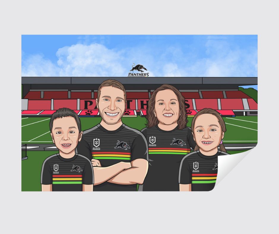 Family of four, mother father and children in penrith panthers NRL jersey at bluebet stadium