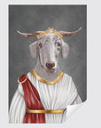 White goat in greek historical outfit with a crown on its head