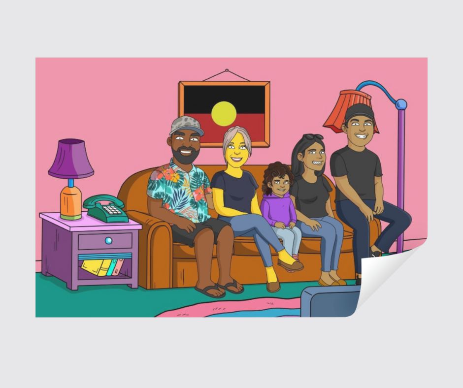 Family sitting on the couch with Aboriginal flag in the frame