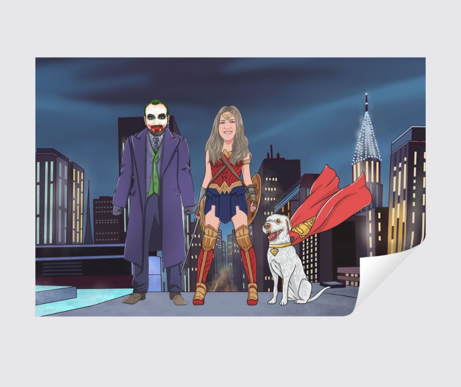 Man, woman and a dog superhero