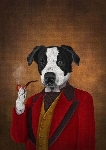 black and white dog in a hisoric outfit smoking a cigar