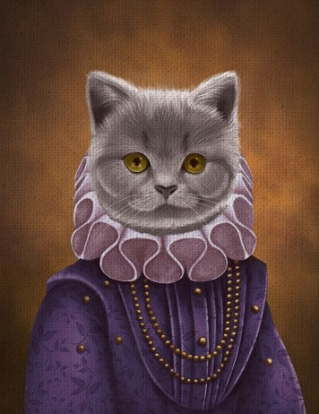 Grey cat in purple royal historic outfit