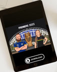 Digital file of man and woman standing next to NRL premiership trophy