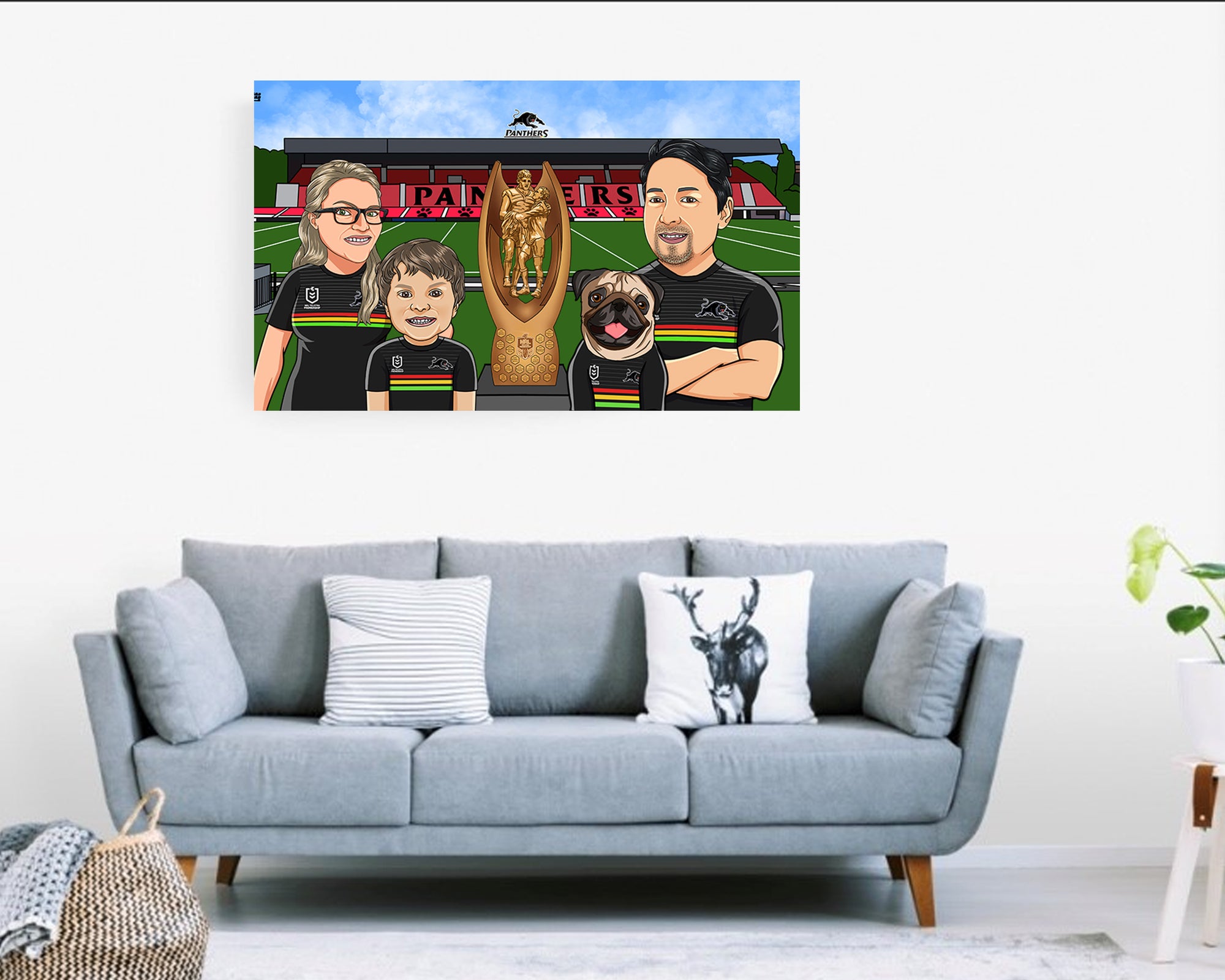 Family with a dog in penrith panthers premiership canvas 