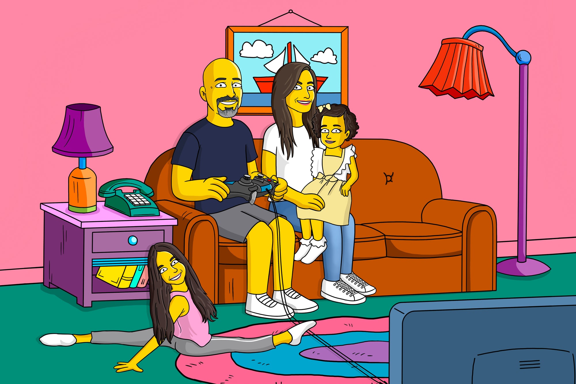 Simpsonify family playing video games and doing the splits