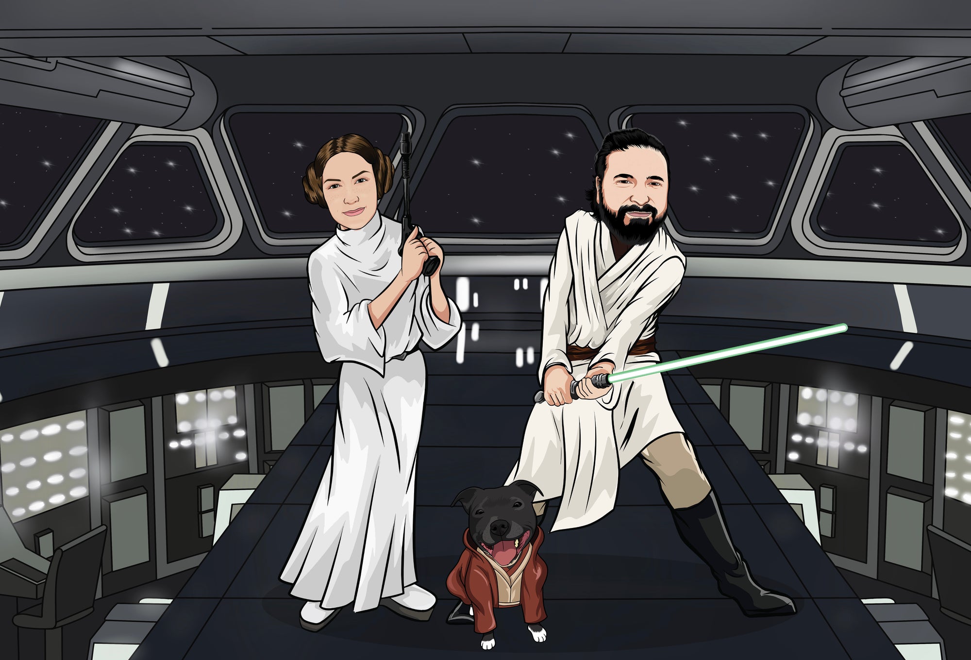 lady and man with dog in Star Wars space ship