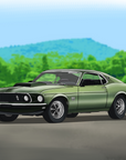 Green muscle car with mountain background