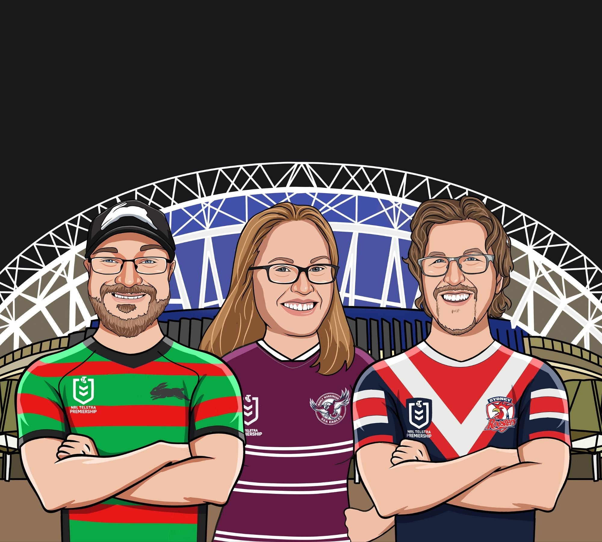 three bestfriends in their NRL team jersey at accor stadium