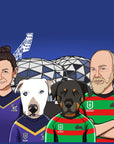 lady and man with their two big dogs in melbourne storms and rabbitohs jersey