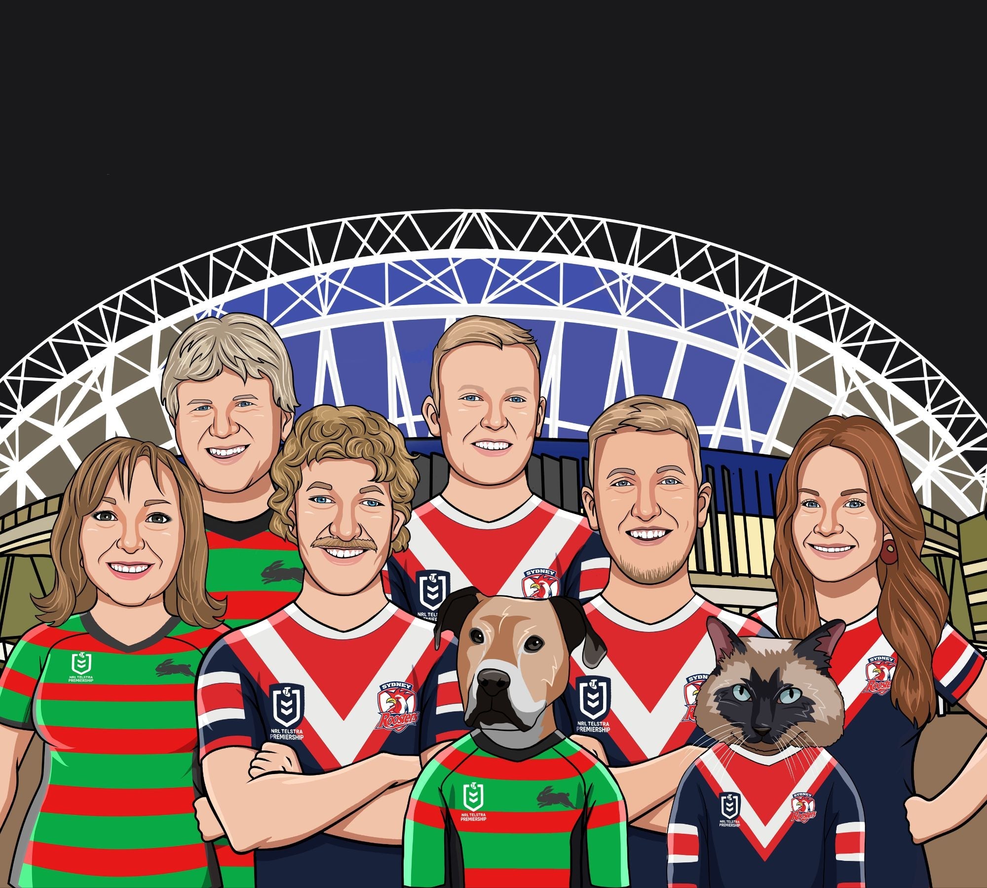 family of 6 and 2 dogs wearing sydney roosters and rabbitohs NRL jersey