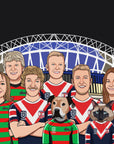 family of 6 and 2 dogs wearing sydney roosters and rabbitohs NRL jersey