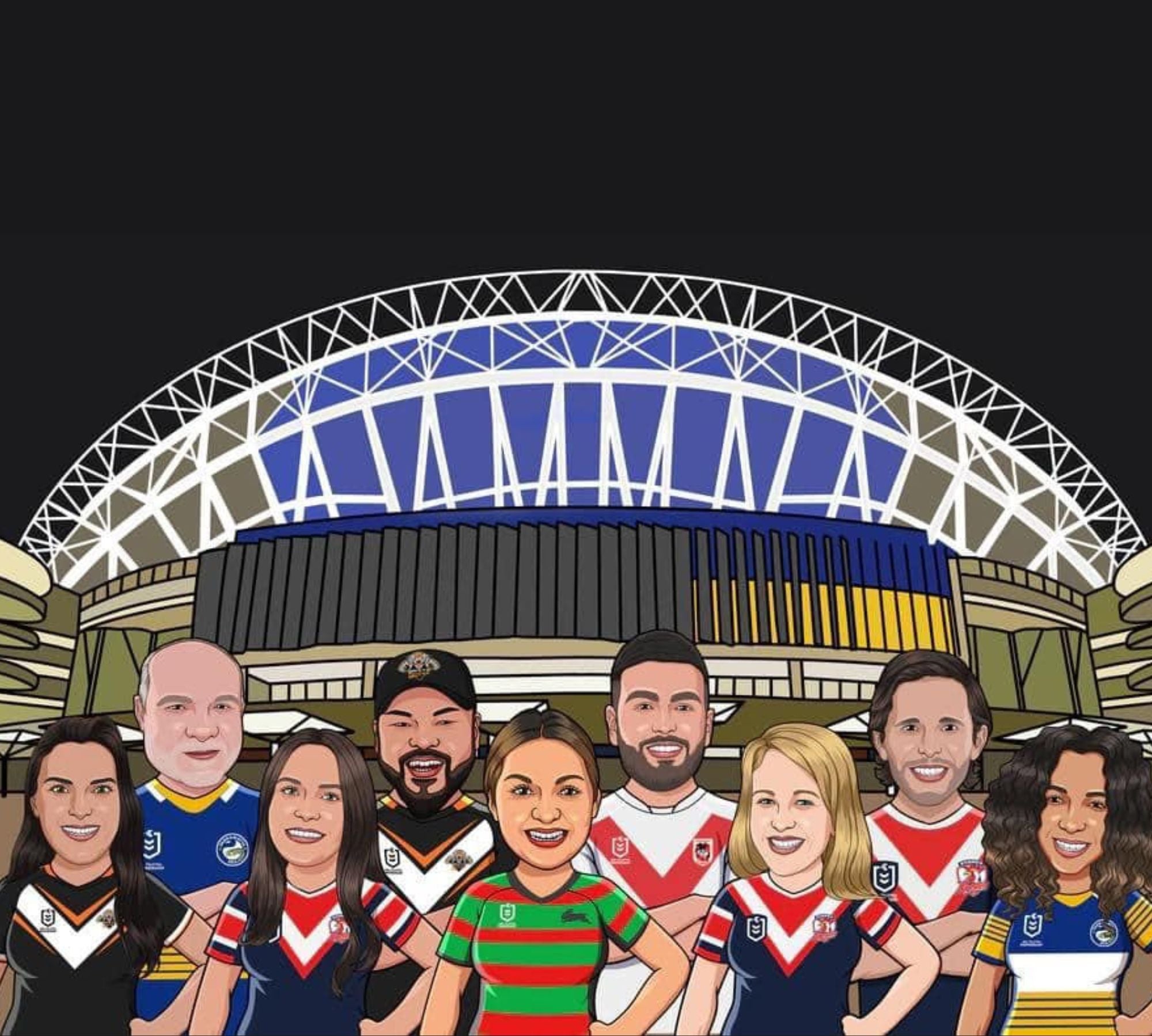 workplace team photo in NRL jersey&#39;s. Men and women all smiling