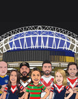 workplace team photo in NRL jersey's. Men and women all smiling