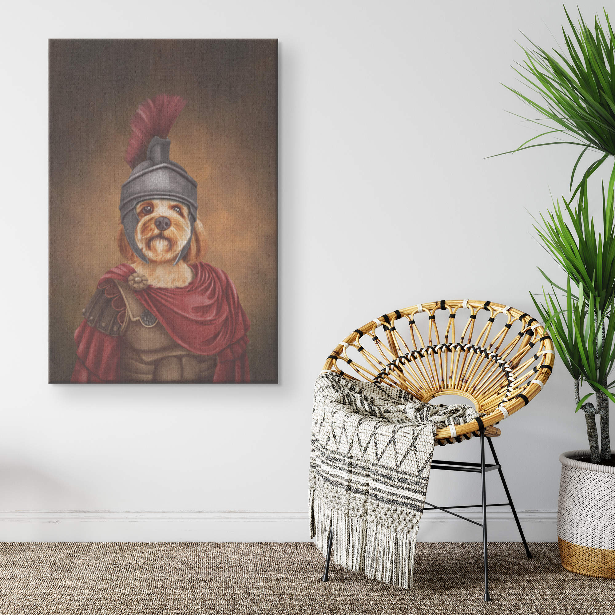 Cavoodle dog in roman outfit in canvas portrait on a wall