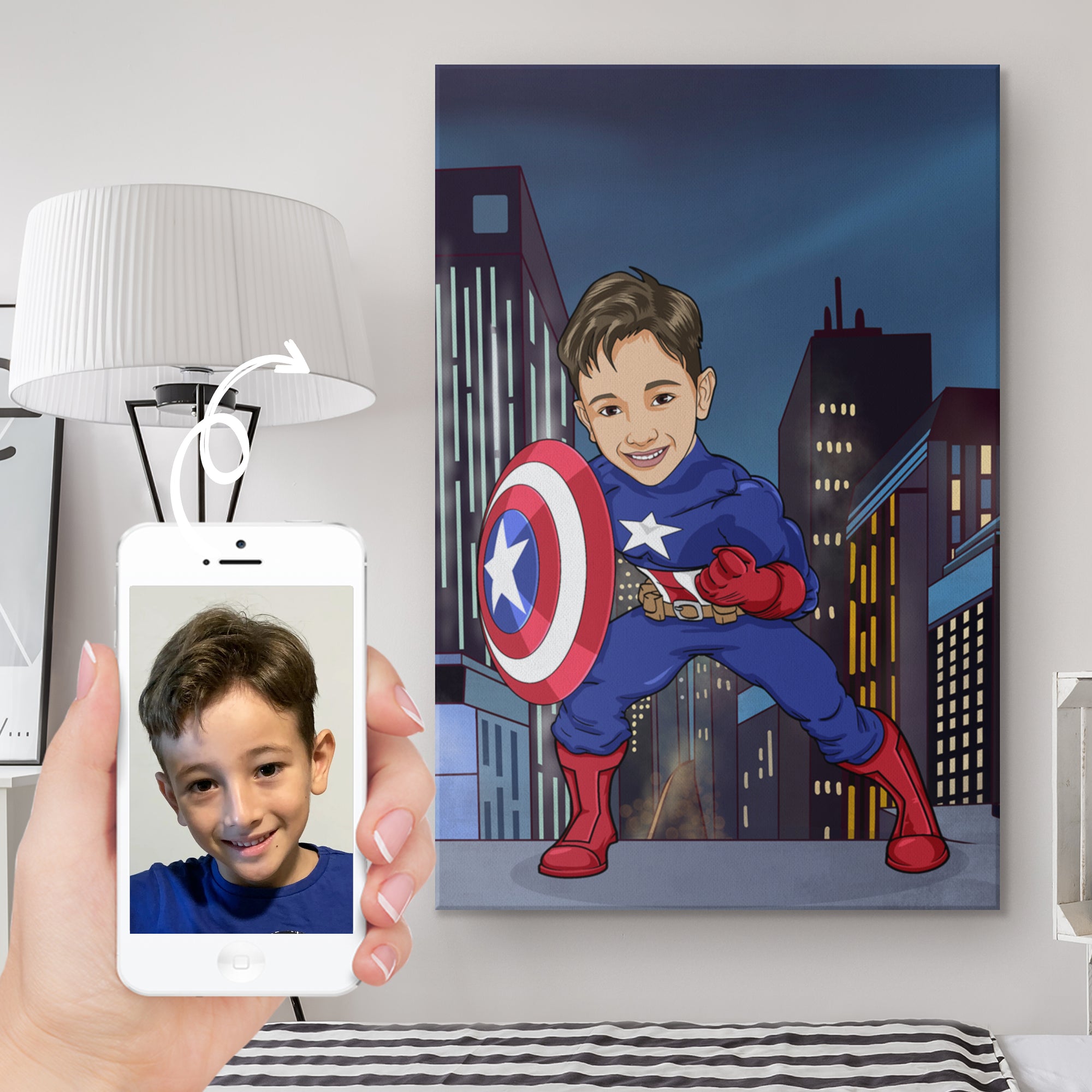 Young boy in captain america costume compared to a photo on the iphone