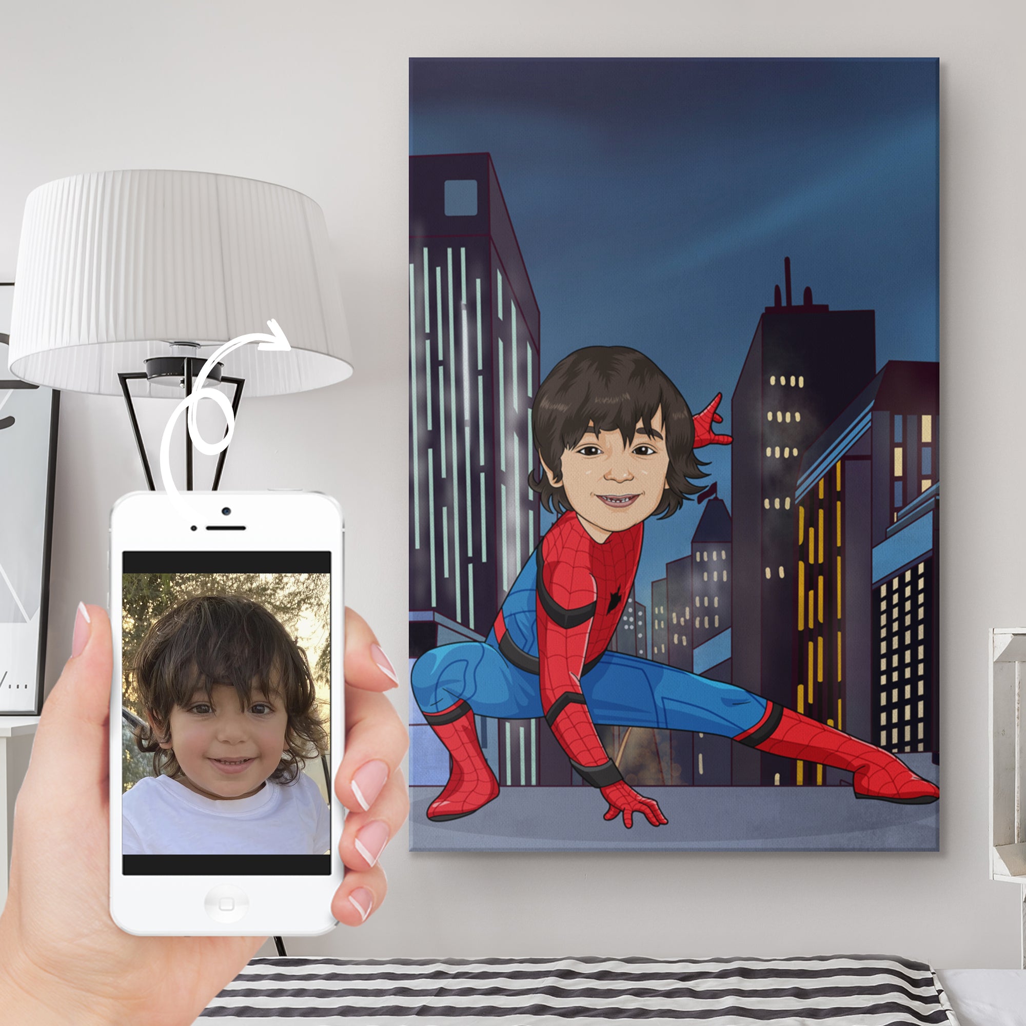 Child as spiderman on top of a building, comparison with the phone