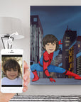 Child as spiderman on top of a building, comparison with the phone