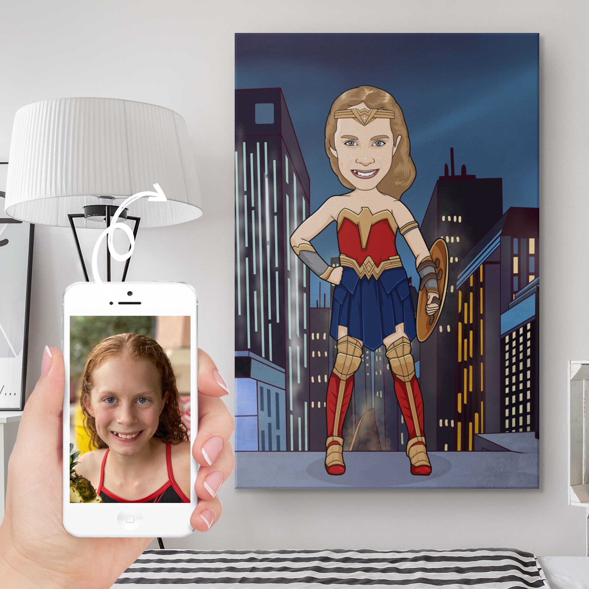 Iphone comparison, girl drawn to cartoon in wonder woman costume