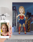 Iphone comparison, girl drawn to cartoon in wonder woman costume