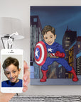 Young boy in captain america costume compared to a photo on the iphone