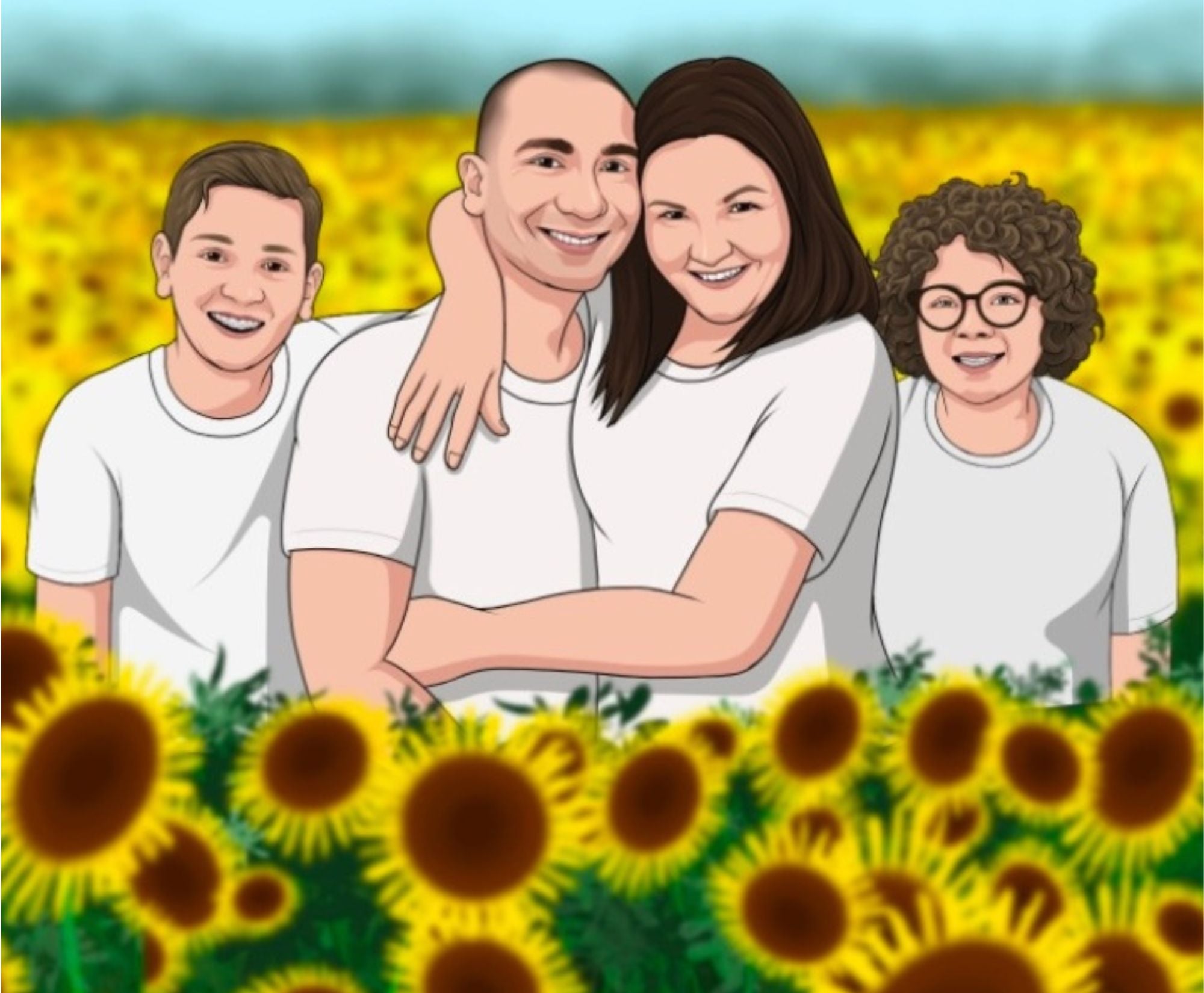 Family of four in sunflower paddock smiling