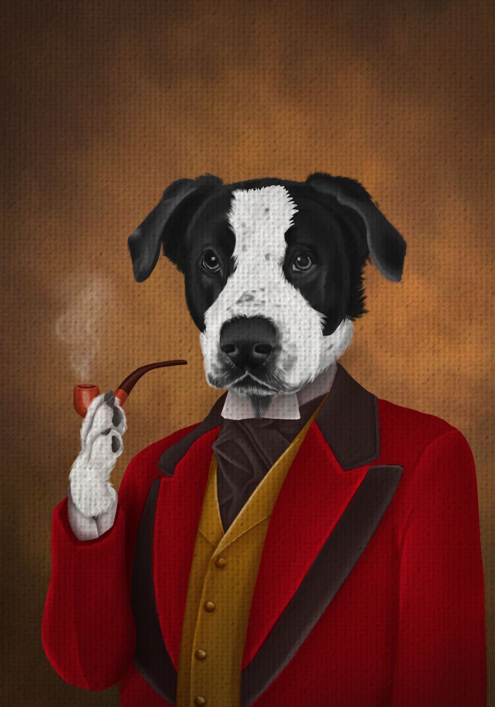 black and white dog in a red suit holding a cigar