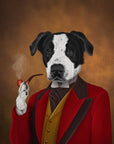 black and white dog in a red suit holding a cigar