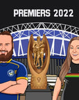 Man and woman in penrith and parramatta eels NRL jersey with premiership trophy