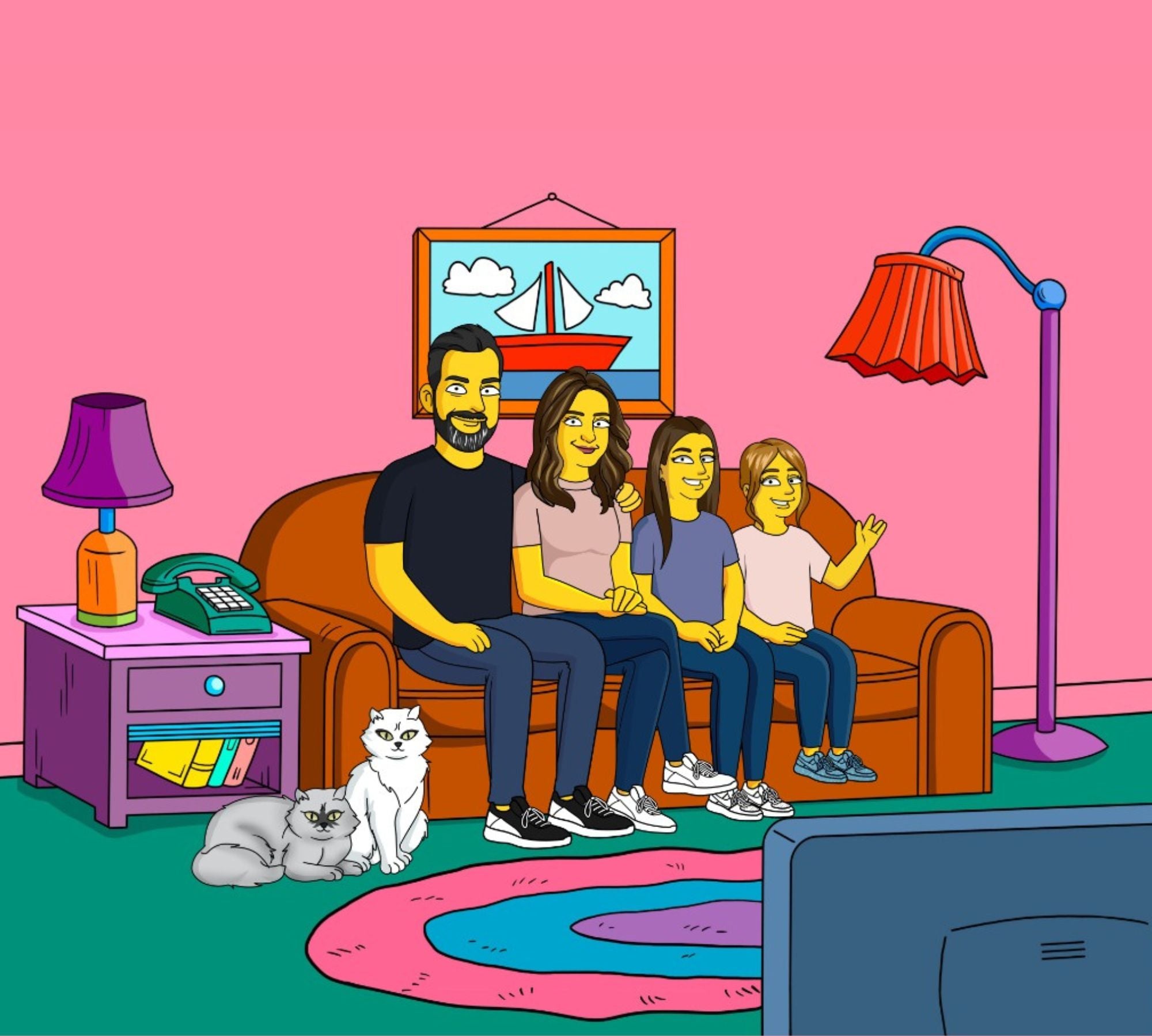 mother and father with two girls and 2 white cats in the simpsons house