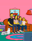 mother and father with two girls and 2 white cats in the simpsons house