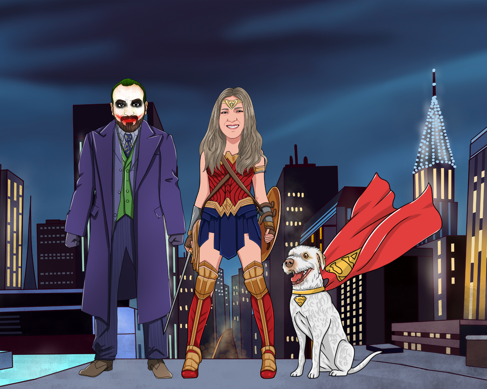 joker and wonder woman with super dog