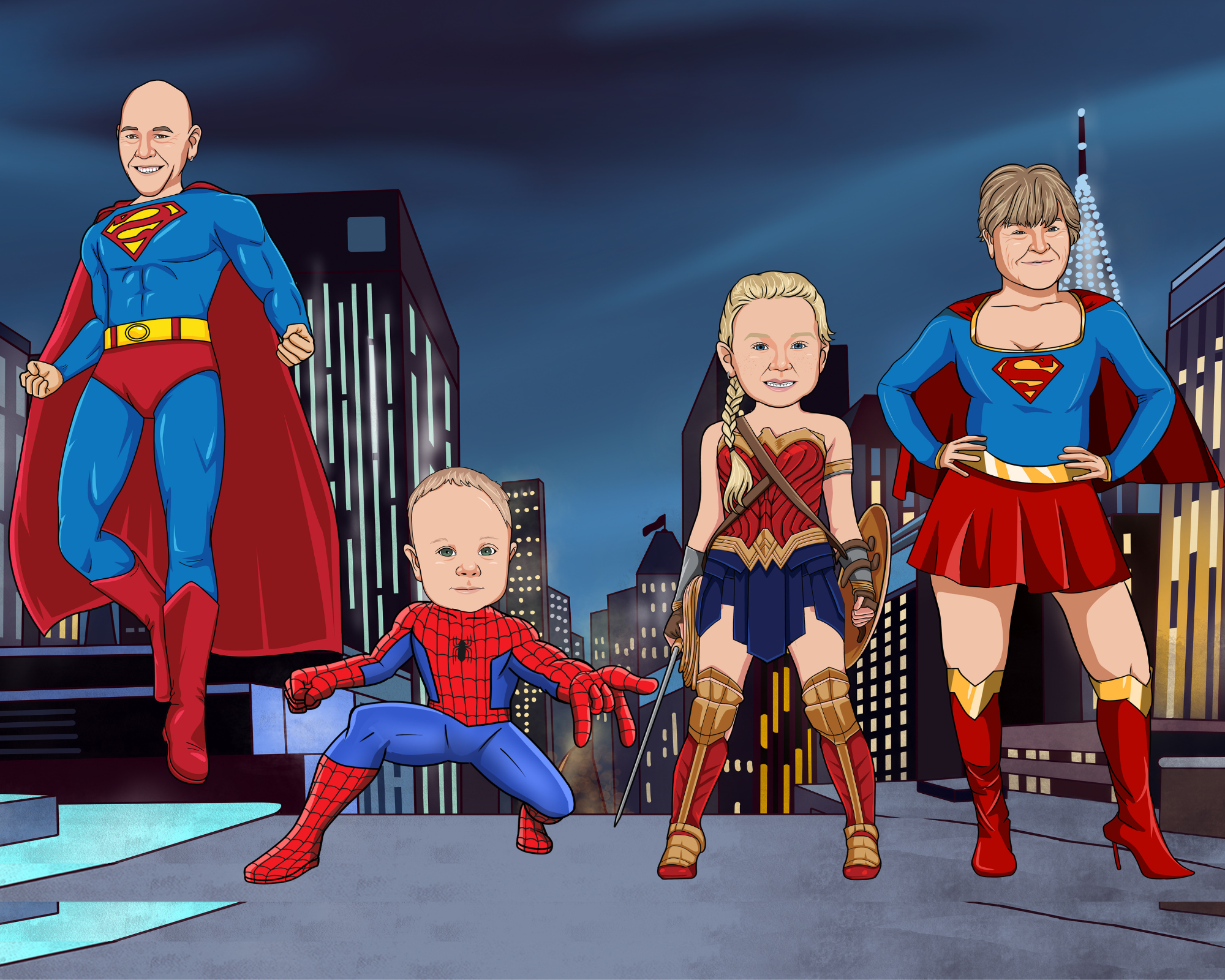 family dressed in superhero outfits