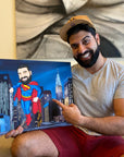 Man holding and pointing to a super man canvas, blue, yellow and red costume 