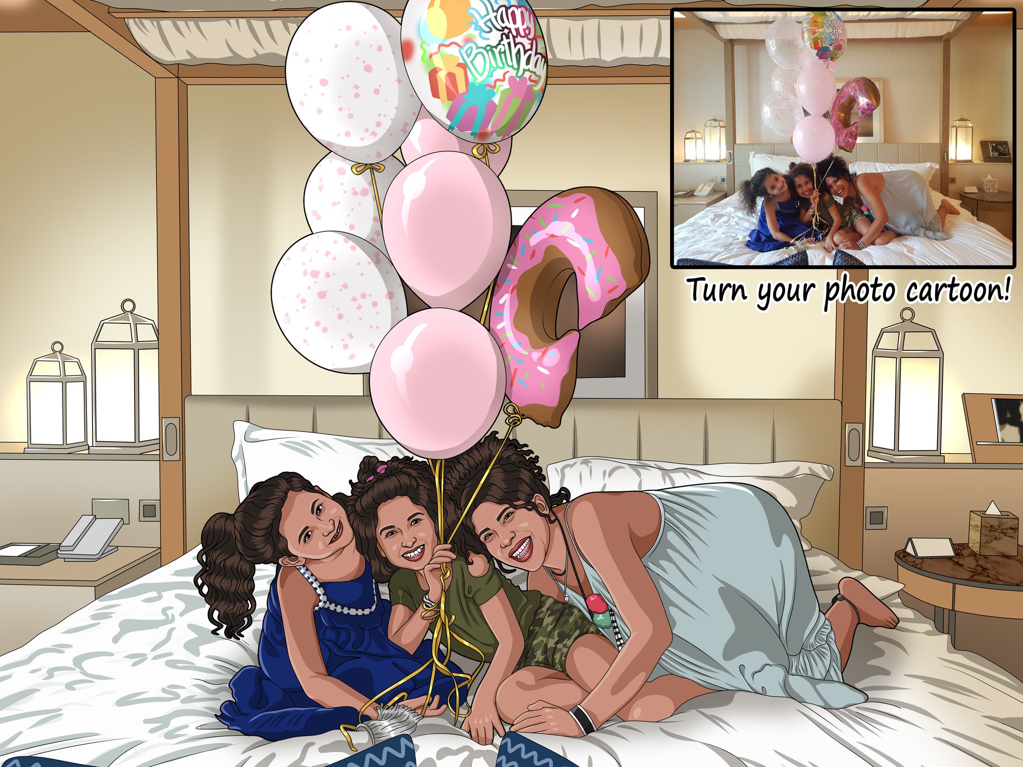 Girls on a bed with balloons celebrating a birthday